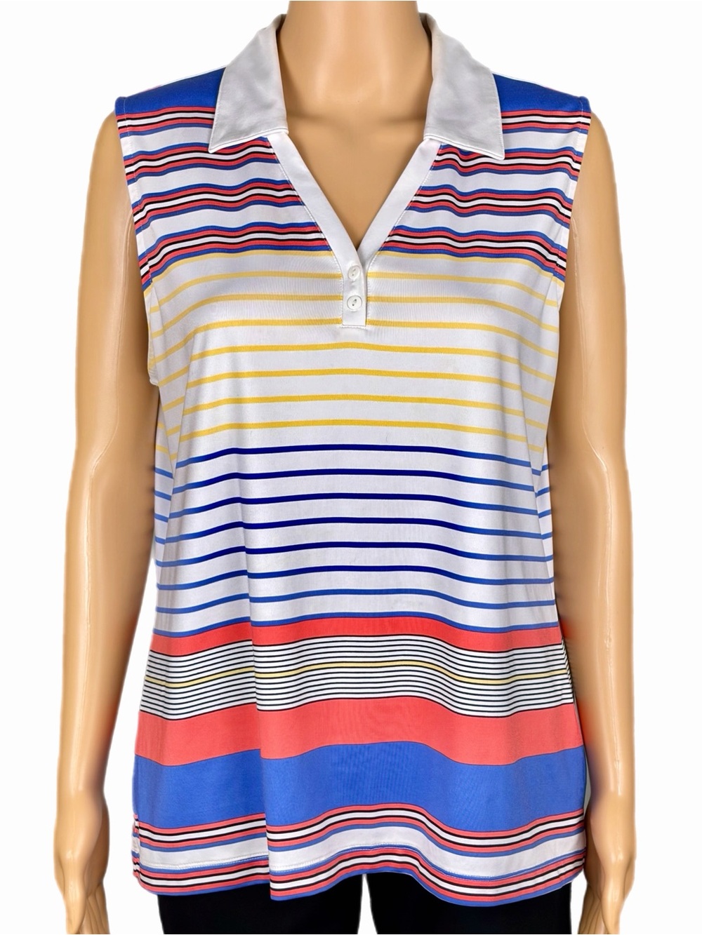 Tail Multicolor Striped Sleeveless Polo Tank - White,Blue,Coral,Yellow Size XL